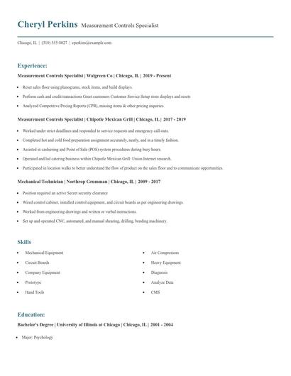 Measurement Controls Specialist Resume