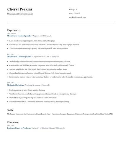 Measurement Controls Specialist Resume
