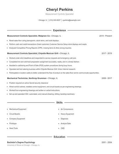Measurement Controls Specialist Resume