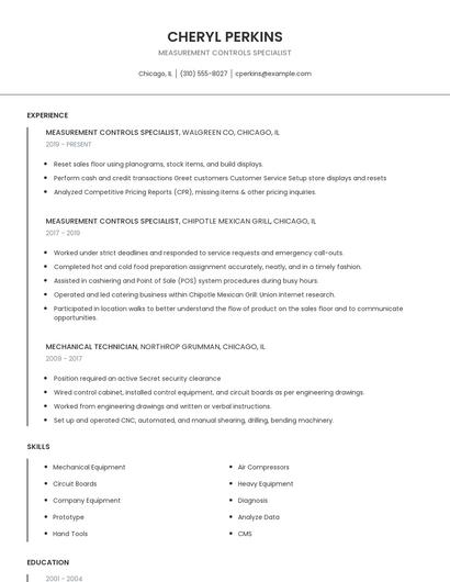 Measurement Controls Specialist Resume