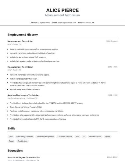 Measurement Technician Resume
