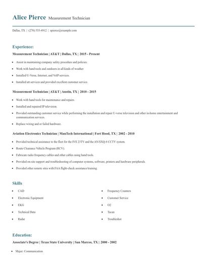 Measurement Technician Resume