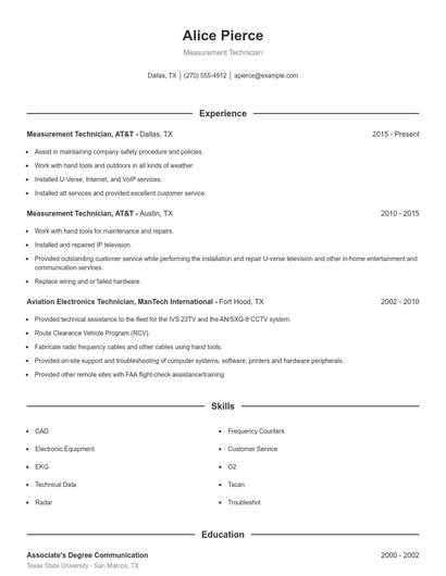 Measurement Technician Resume