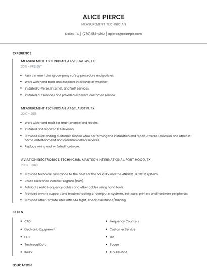 Measurement Technician Resume