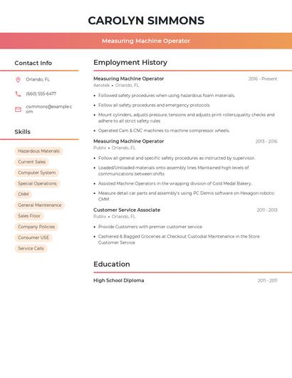 Measuring Machine Operator Resume
