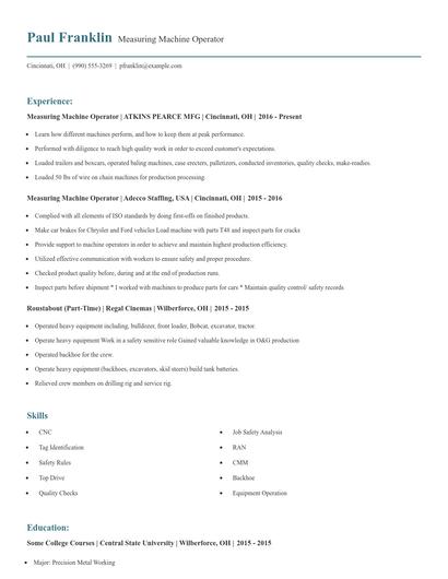 Measuring Machine Operator Resume