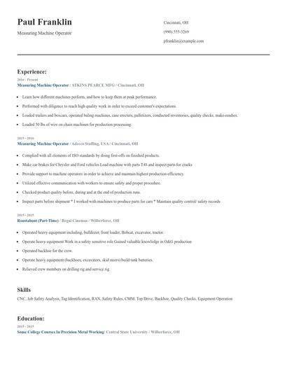 Measuring Machine Operator Resume