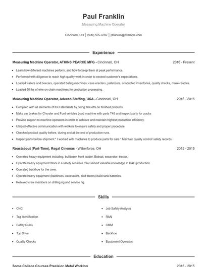 Measuring Machine Operator Resume