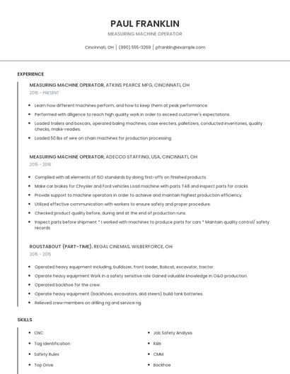 Measuring Machine Operator Resume