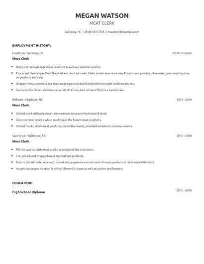 Meat Clerk Resume