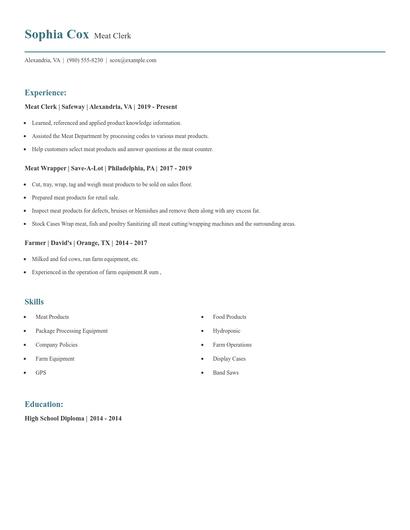 Meat Clerk Resume