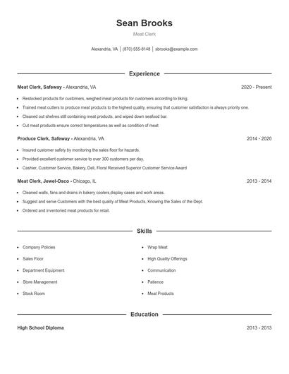 Meat Clerk Resume