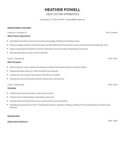 Meat Cutter Apprentice Resume