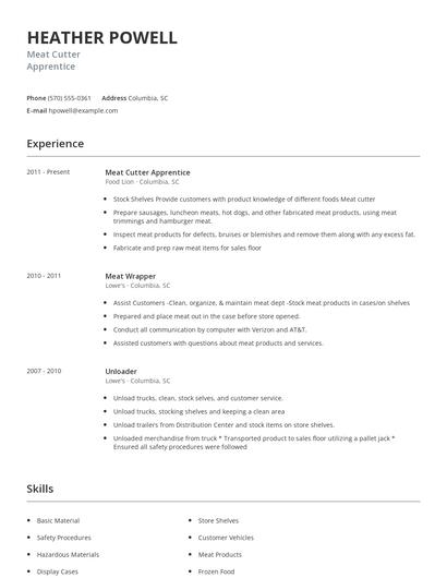 Meat Cutter Apprentice Resume