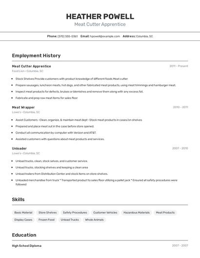 Meat Cutter Apprentice Resume