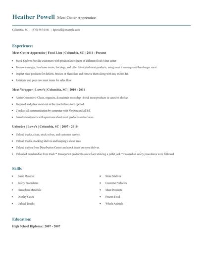 Meat Cutter Apprentice Resume