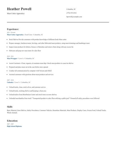 Meat Cutter Apprentice Resume