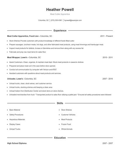 Meat Cutter Apprentice Resume
