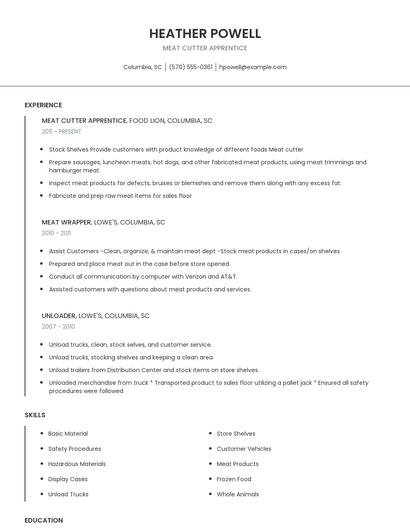 Meat Cutter Apprentice Resume