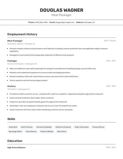 Meat Packager Resume
