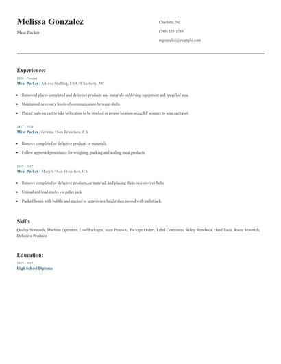 Meat Packer Resume