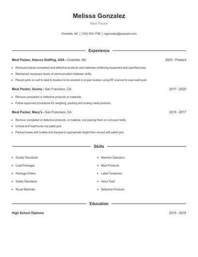 Meat Packer Resume