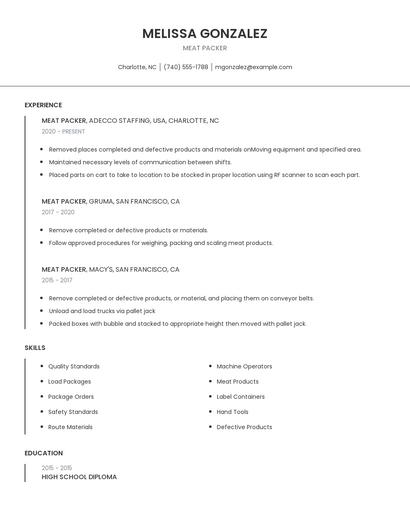 Meat Packer Resume