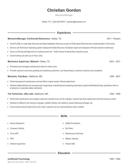 Mechanic/Manager Resume