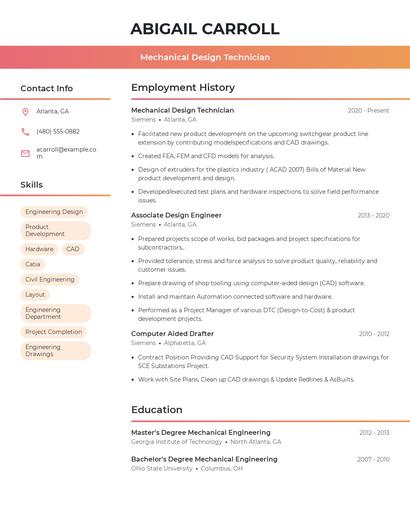 Mechanical Design Technician Resume