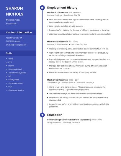 Mechanical Foreman Resume