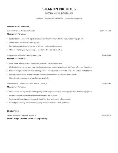 Mechanical Foreman Resume