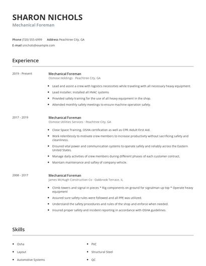 Mechanical Foreman Resume