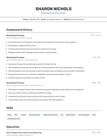 Mechanical Foreman Resume