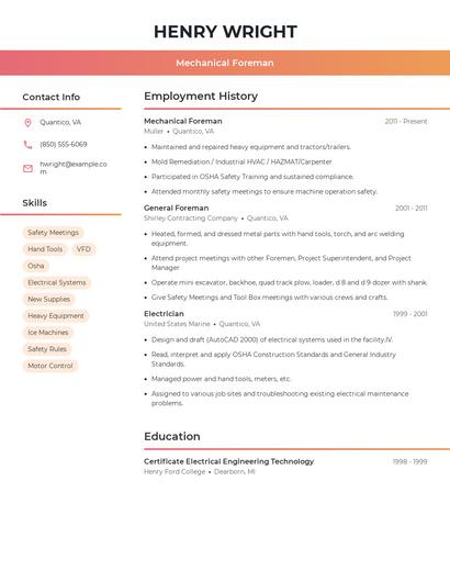 Mechanical Foreman Resume