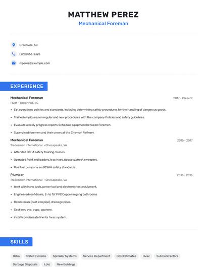 Mechanical Foreman Resume