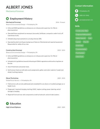Mechanical Foreman Resume