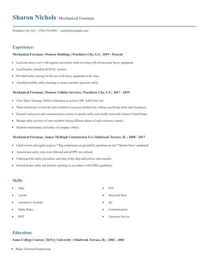 Mechanical Foreman Resume