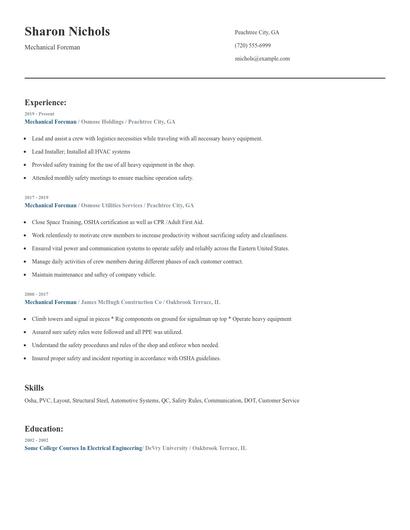 Mechanical Foreman Resume