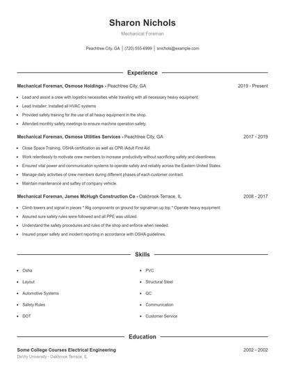 Mechanical Foreman Resume