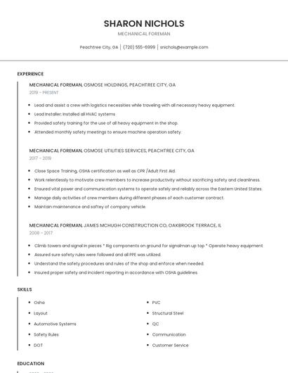 Mechanical Foreman Resume