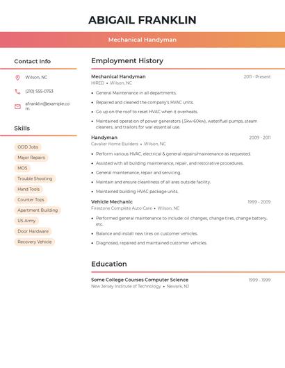 Mechanical Handyman Resume