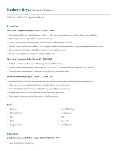 Mechanical Handyman Resume