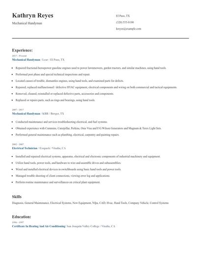 Mechanical Handyman Resume