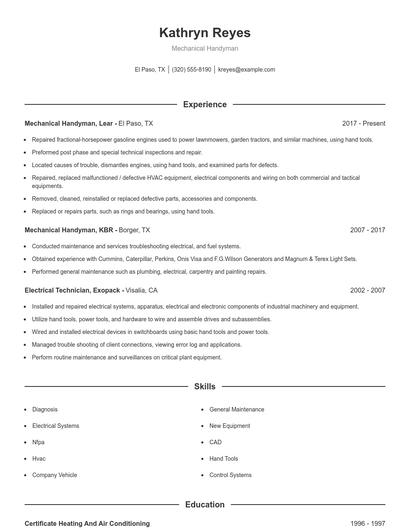 Mechanical Handyman Resume