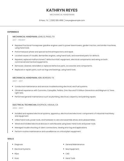 Mechanical Handyman Resume