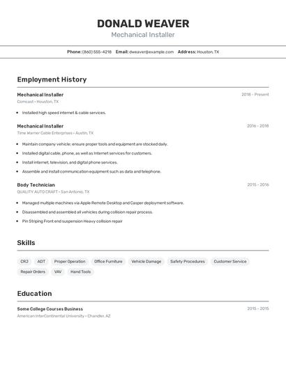 Mechanical Installer Resume