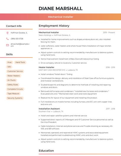Mechanical Installer Resume