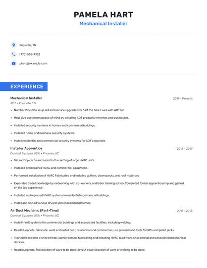 Mechanical Installer Resume