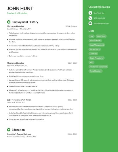 Mechanical Installer Resume