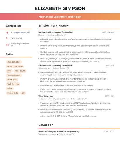 Mechanical Laboratory Technician Resume